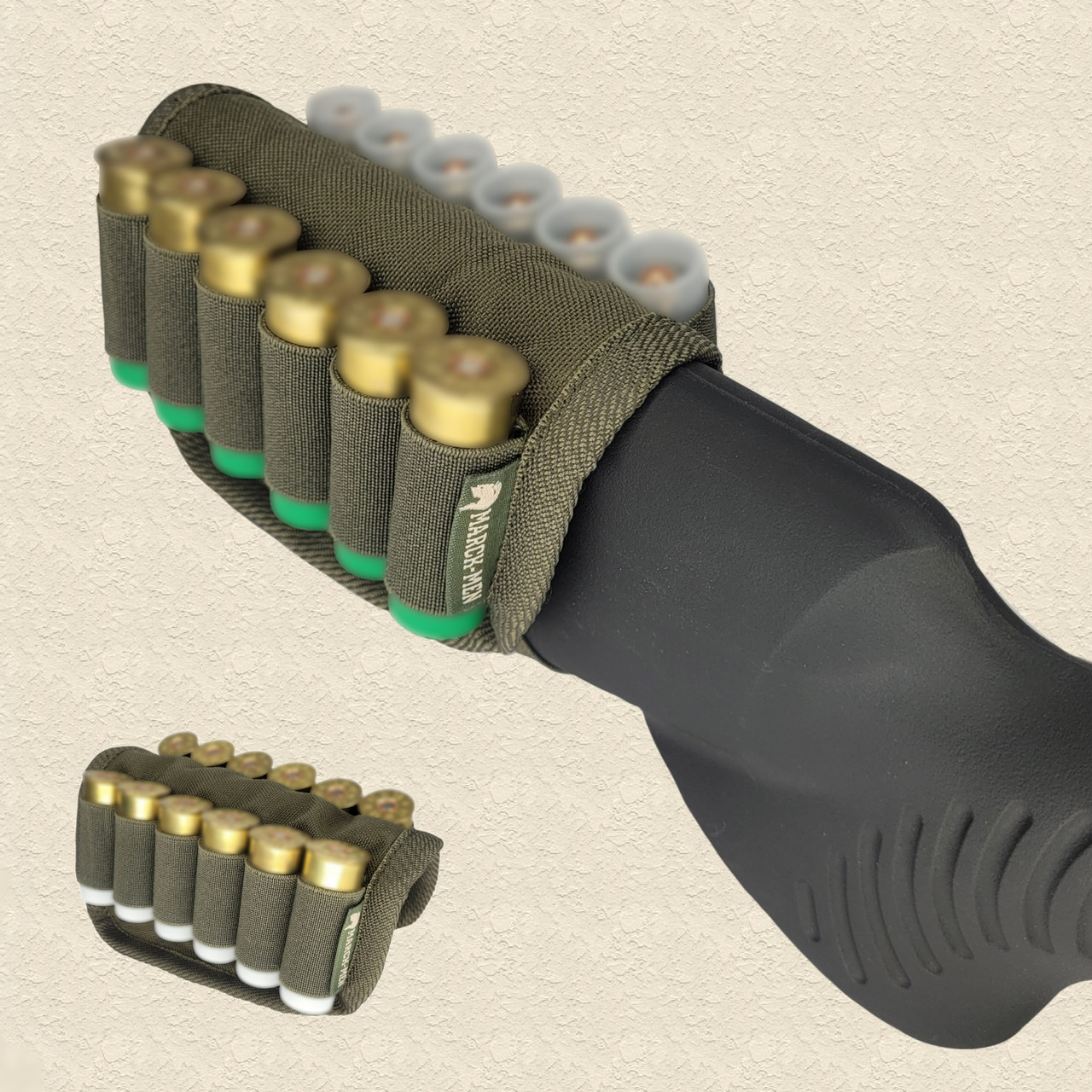 Патронташ Marck-men на приклад на 6 - 12 патронів .12К калібру для спорядження або дозарядки. Хакі, фото 1