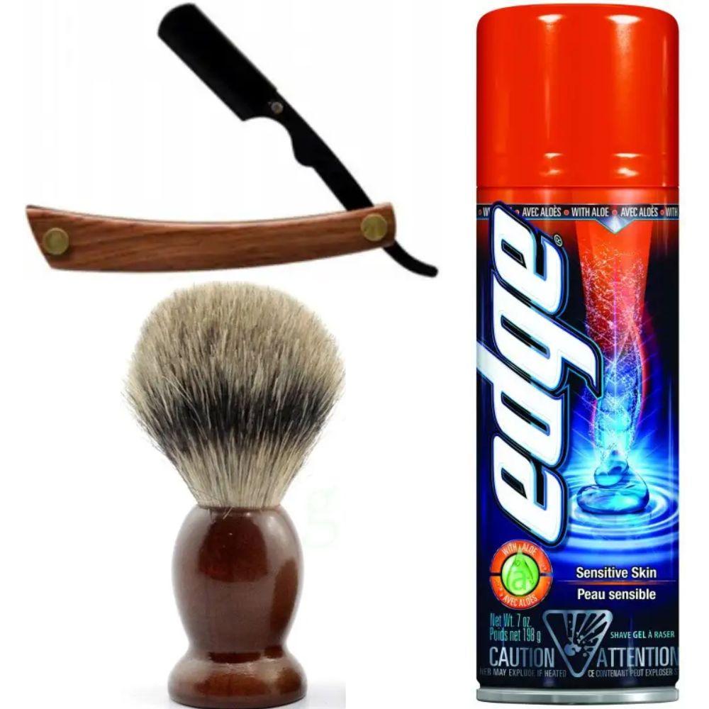 Небезпечна бритва/шавета розкладна Straight Razor + помазок SHIMA + гель для гоління Wilkinson Sword EDGE Sensitive, фото 1