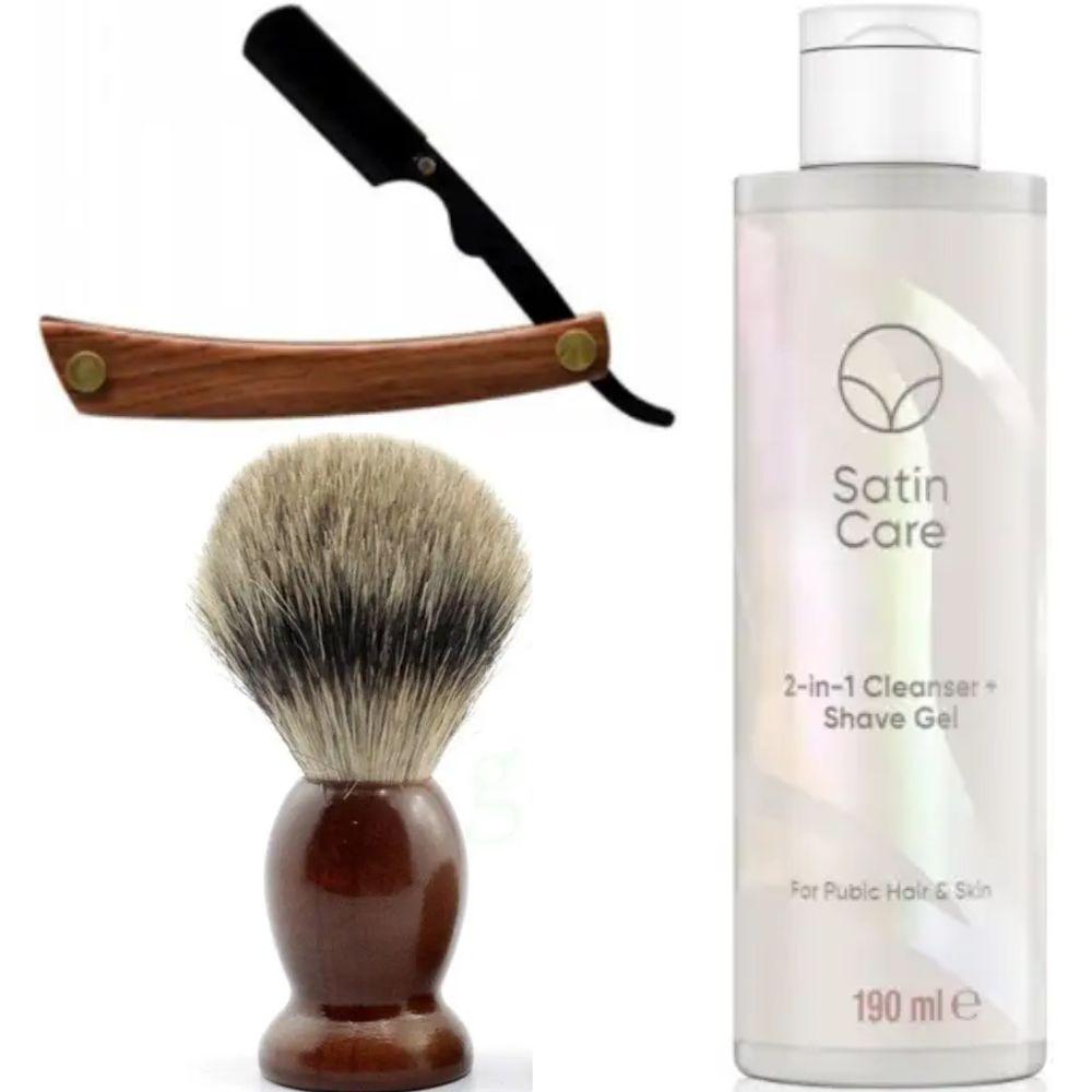 Небезпечна бритва/шавета розкладна Straight Razor + помазок SHIMA + гель для гоління Gillette Venus Venus Satin Care 2 в 1, фото 1