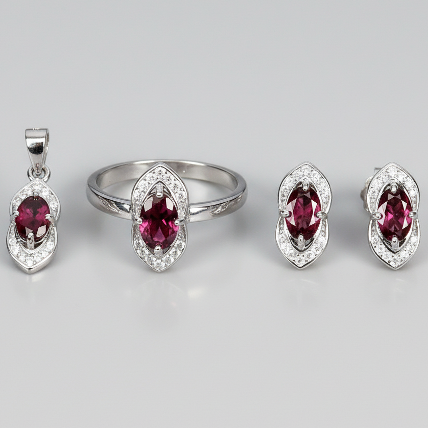 Родоліт гранат срібний комплект каблучка, сережки та кулон, 053НР, фото 1