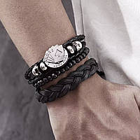 Подарок для парня папы мужа брата браслеты мужские кожаные многослойные набор 3 шт черные