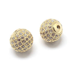 Бусини Латунь з Фіанітами, Круглі, Стійке Покриття, Золото, 6х6 мм, Отвір 1.5 мм, 2 шт