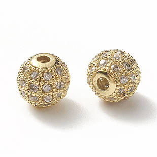 Бусини Латунь з Фіанітами, Круглі, Стійке Покриття, Золото/Бесколірний, 8х7 мм, Отвір 2 мм, 2 шт