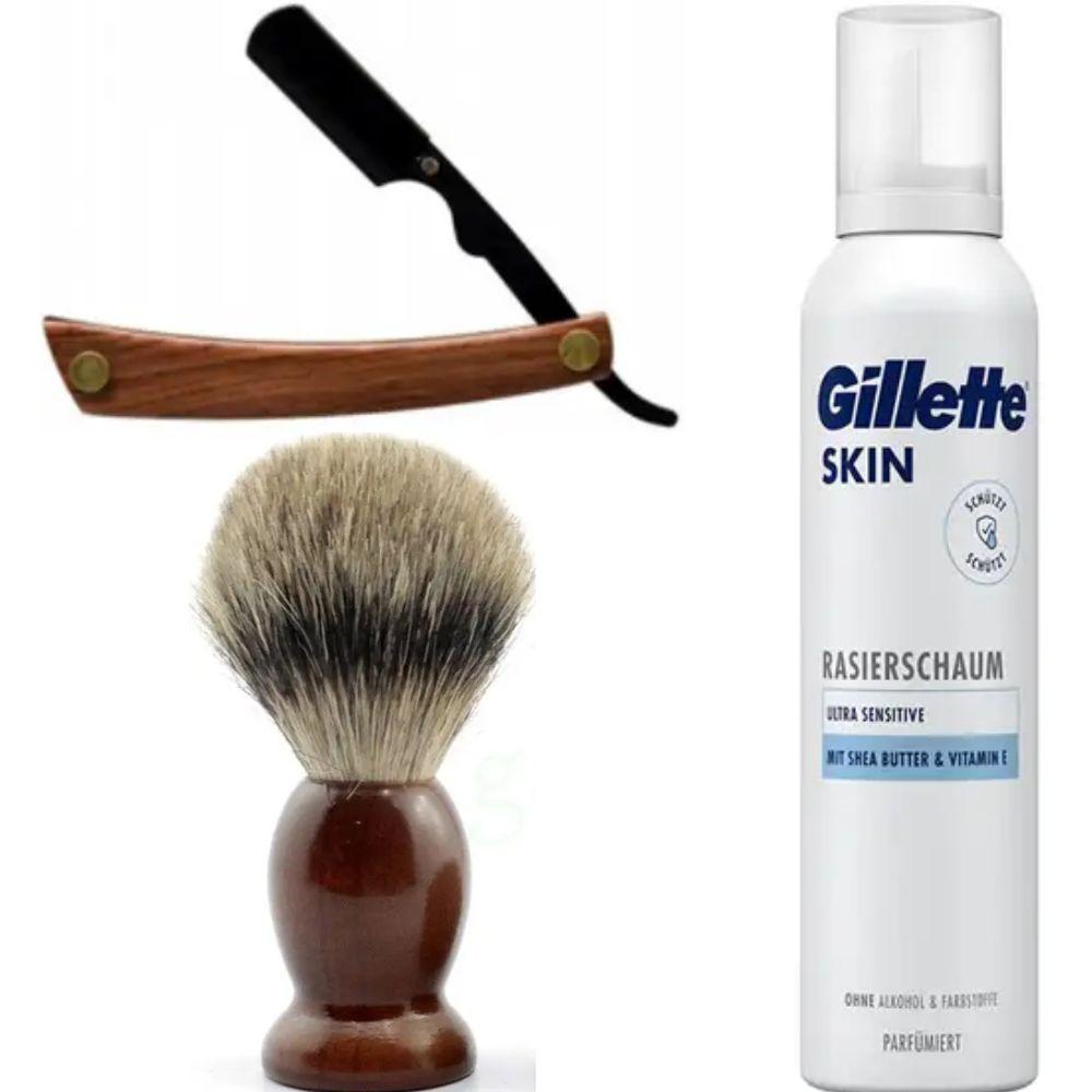 Небезпечна бритва/шавета розкладна Straight Razor + помазок SHIMA + піна для гоління Gillette Skin Ultra Sensitive, фото 1
