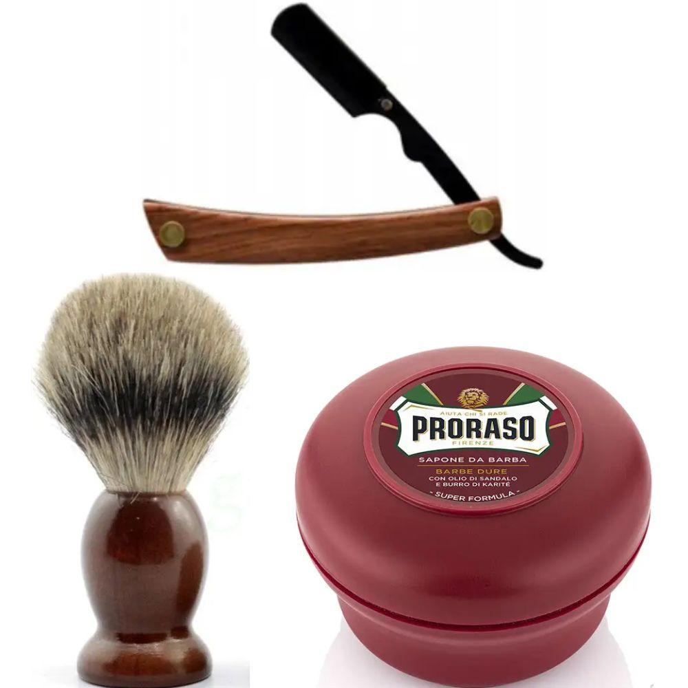 Небезпечна бритва/шавета розкладна Straight Razor + помазок SHIMA + мило для гоління Proraso для жорсткої щетини з маслом, фото 1