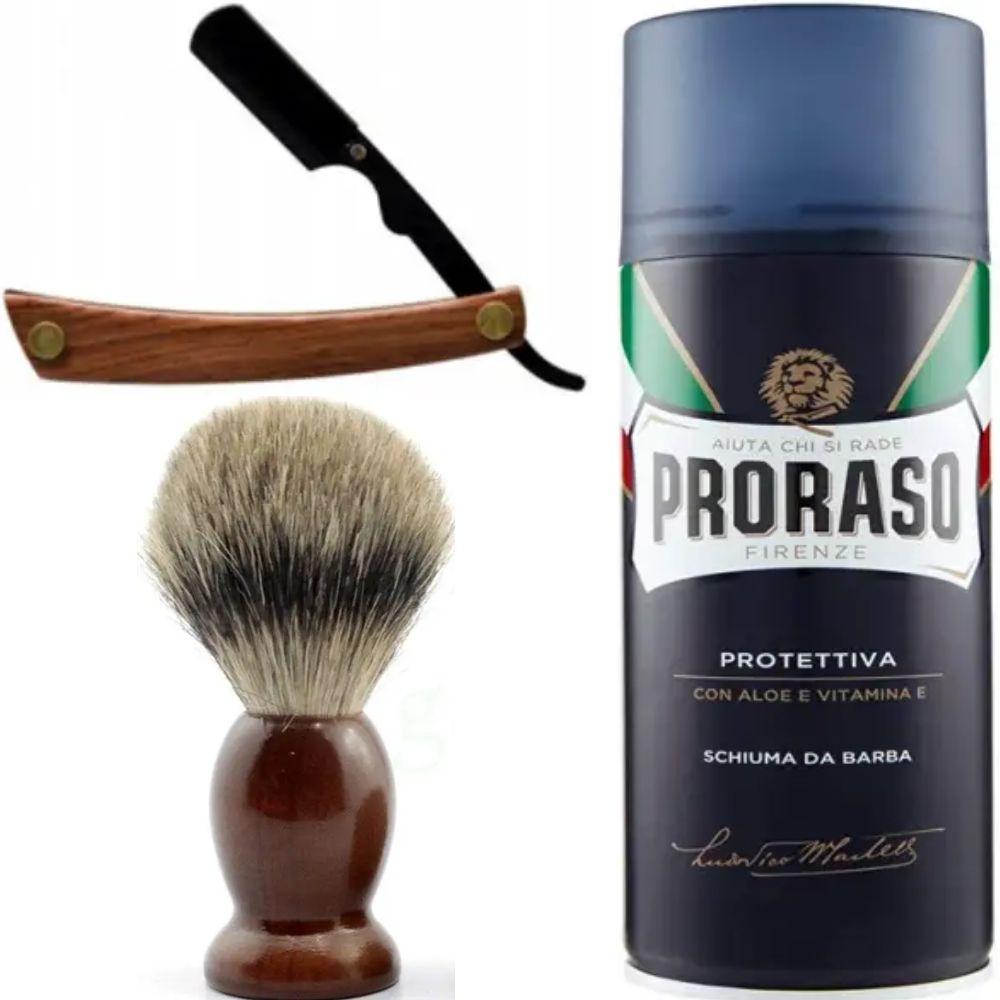 Небезпечна бритва/шавета розкладна StraightRazor + помазок SHIMA + піна для гоління Proraso з екстрактом алое та вітаміном Е, фото 1