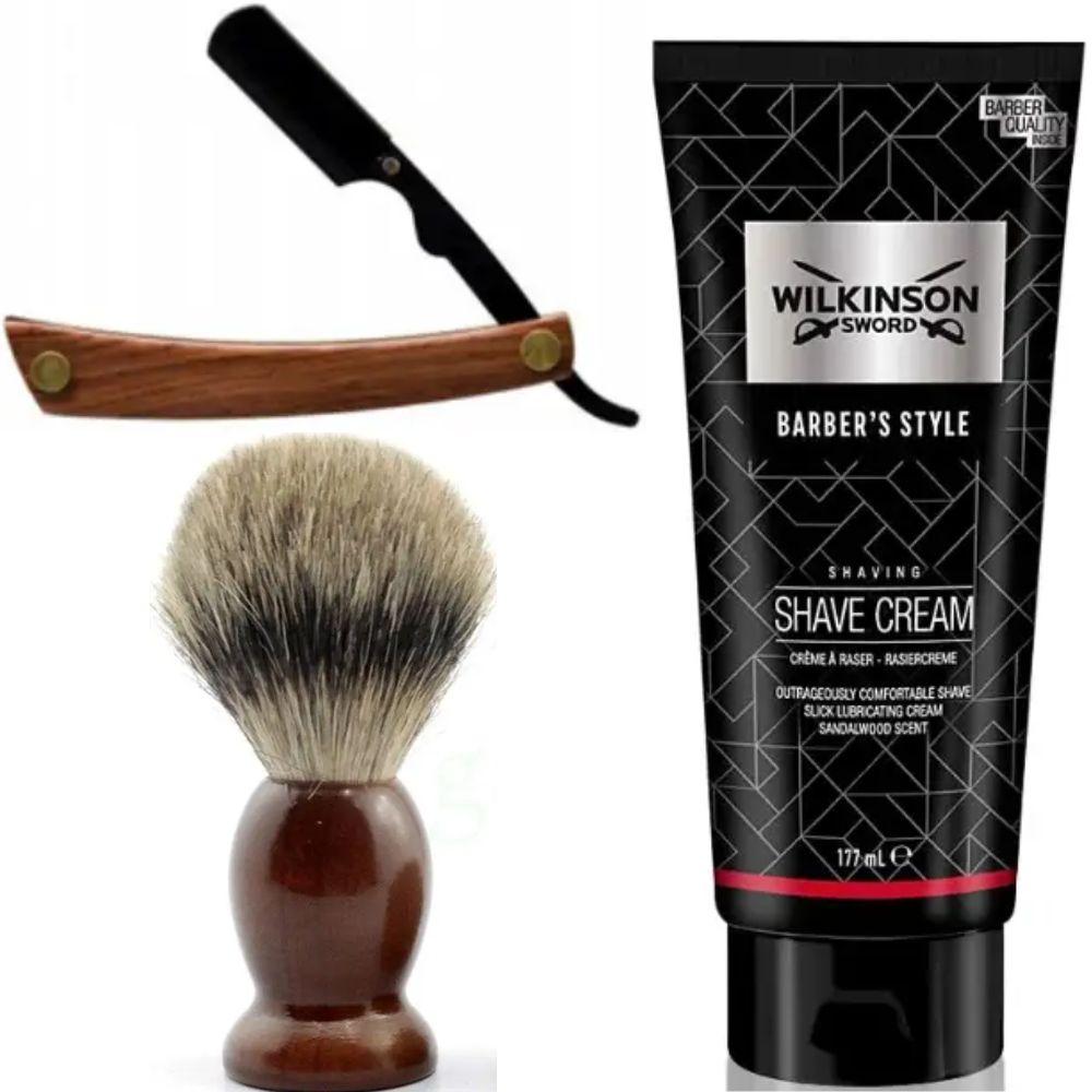 Небезпечна бритва/шавета розкладна Straight Razor + помазок SHIMA синій + крем для гоління Wilkinson Sword Barber's Style Shave, фото 1