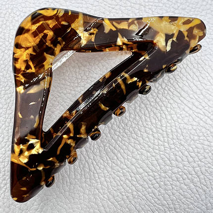 Краб для волосся акрил глянсовий трикутної форми коричнево жовтого кольору у візерунках довжина 5 см ширина 10 см, фото 1