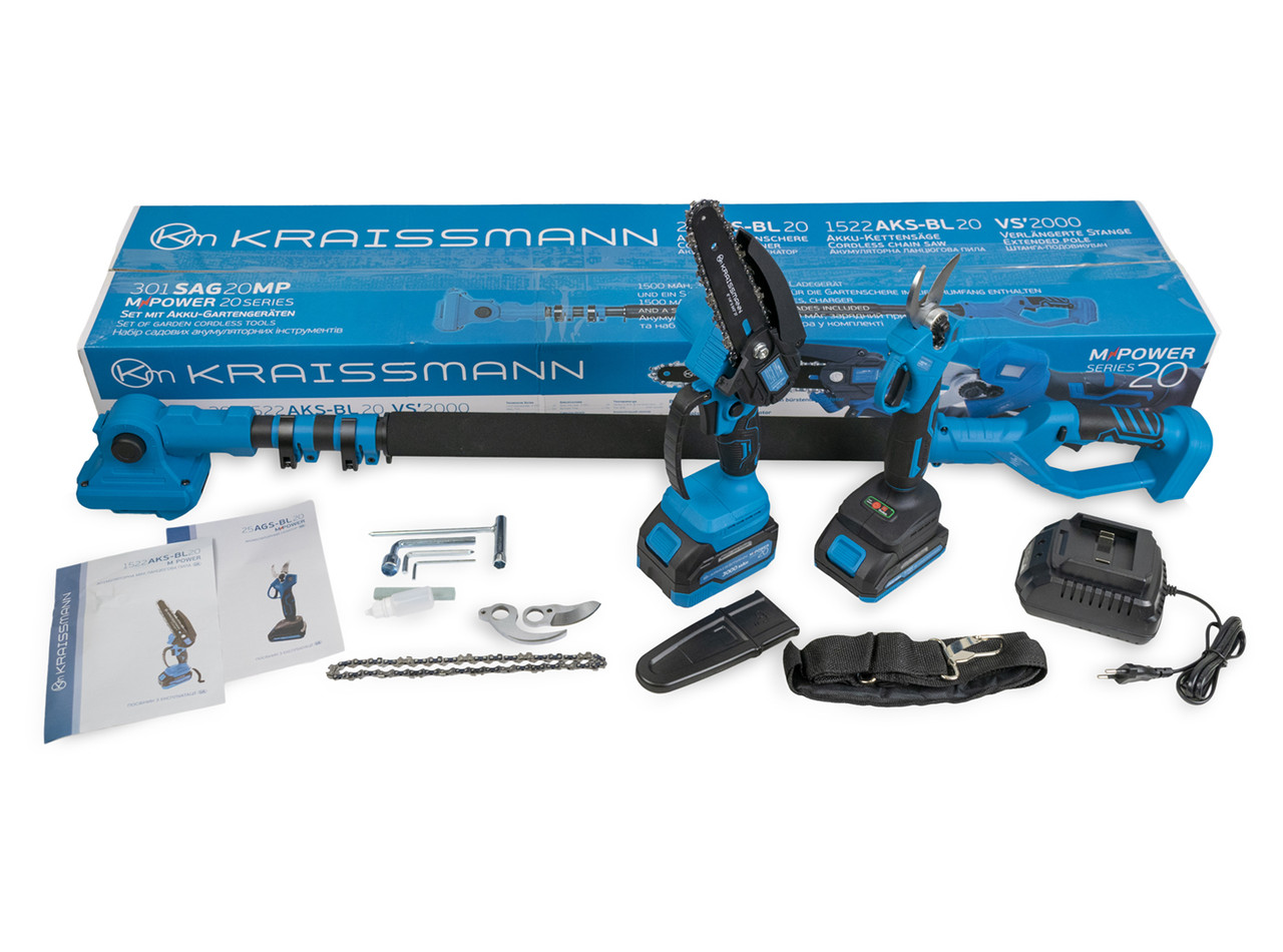 Комплект KRAISSMANN 301 SAG 20 MP (секатор, міні-пила, подовжувач, 2 акум. та зарядний пристрій), фото 1