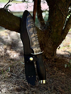 Ніж ручної роботи з ламінованого дамаська «Каратель #14» зі шкіряними піхвами 60-61HRC