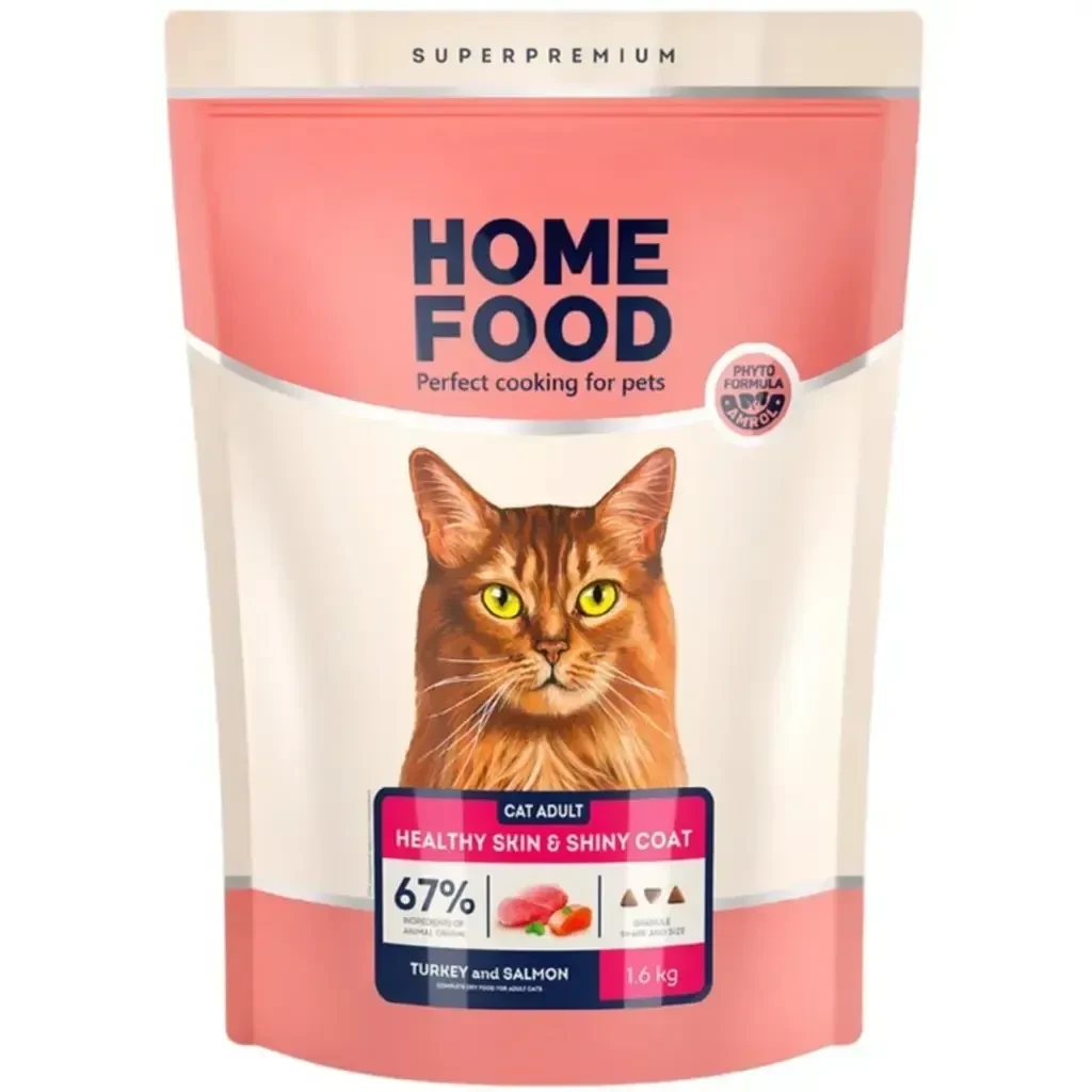 Сухий корм для кішок Home Food Healthy skin and shiny coat здорова шкіра та блиск вовни з індичкою та лососем 1.6 кг, фото 1