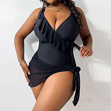 2в1. Купальник суцільний+парео. Чорний. Батал. Великі розміри.