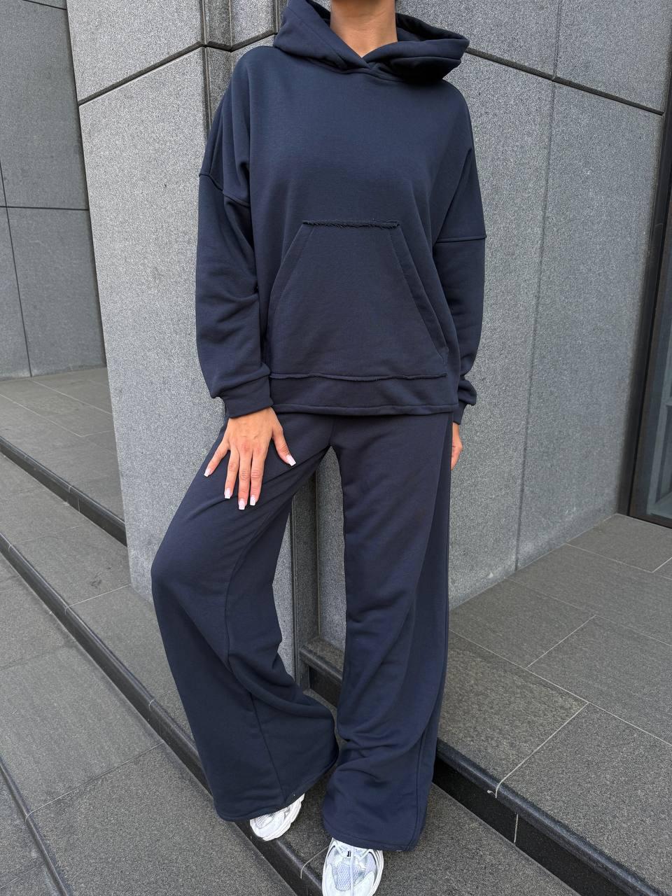 Графітовий жіночий базовий повсякденний костюм-двійка оверсайз із щільної петлі: об'ємне Худі та прямі Штани, фото 1