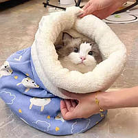 Лежанка спальний мішок для кішок і собак плюшевий 43х35 см блакитний / Лежак для тварин, фото 2
