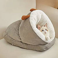 Лежанка для котів і собак плюшева «Теплий Кокон» 54×38×32 см сіра / Лежак для тварин, фото 4