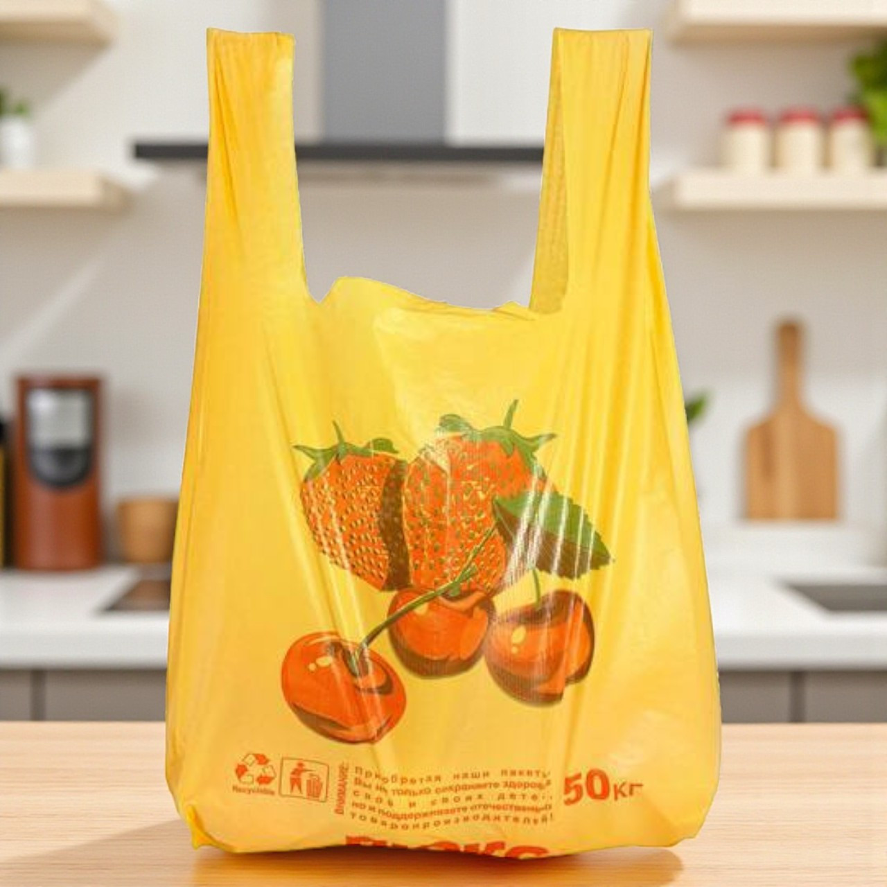 Пакети майки для продуктів Полуниця 30x55 см 50 шт міцні пакети майка з малюнком, пакетики майка, фото 1