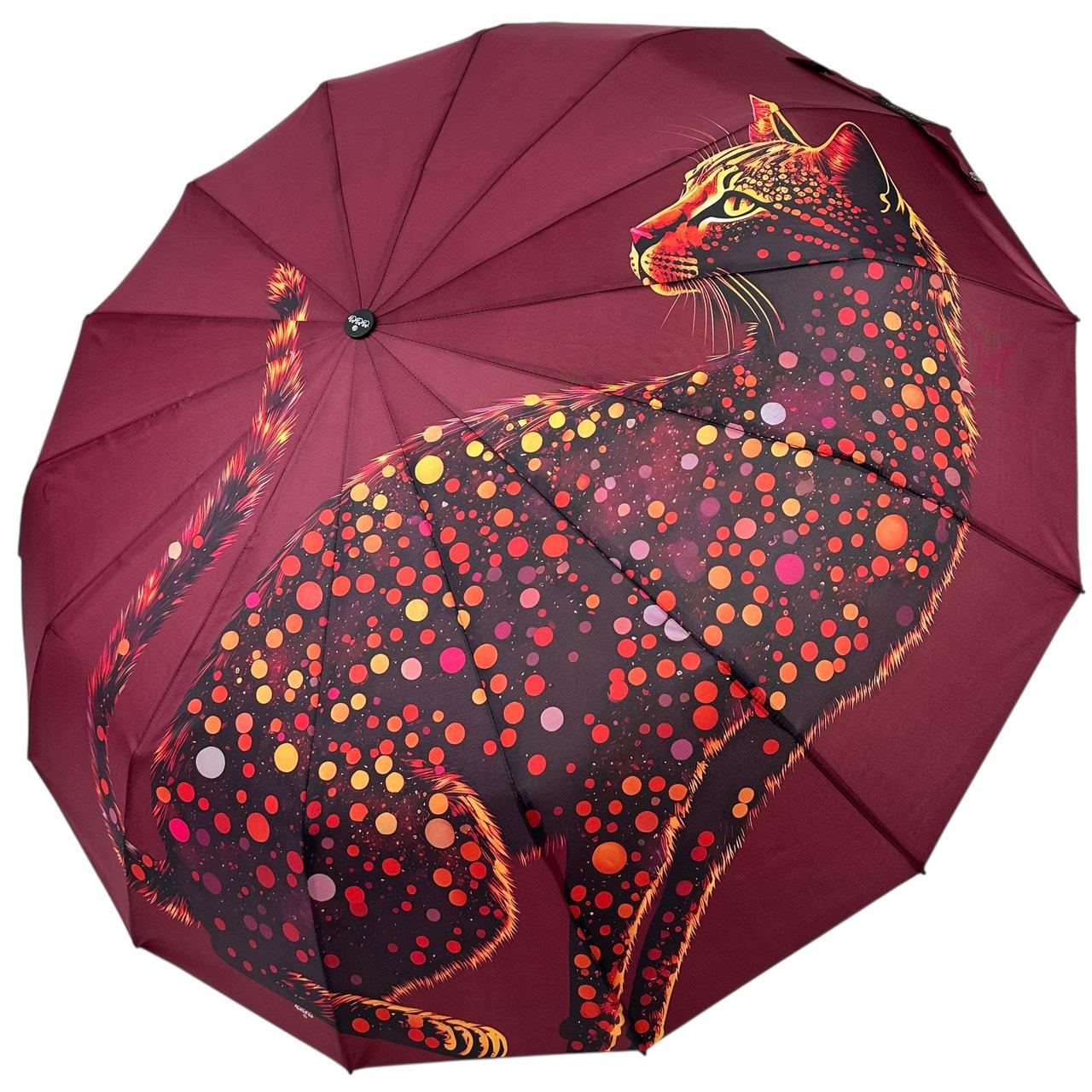 Жіноча парасолька автомат на 14 спиць від Три Слона із зображенням великої кішки, бордовий, N 0272-2