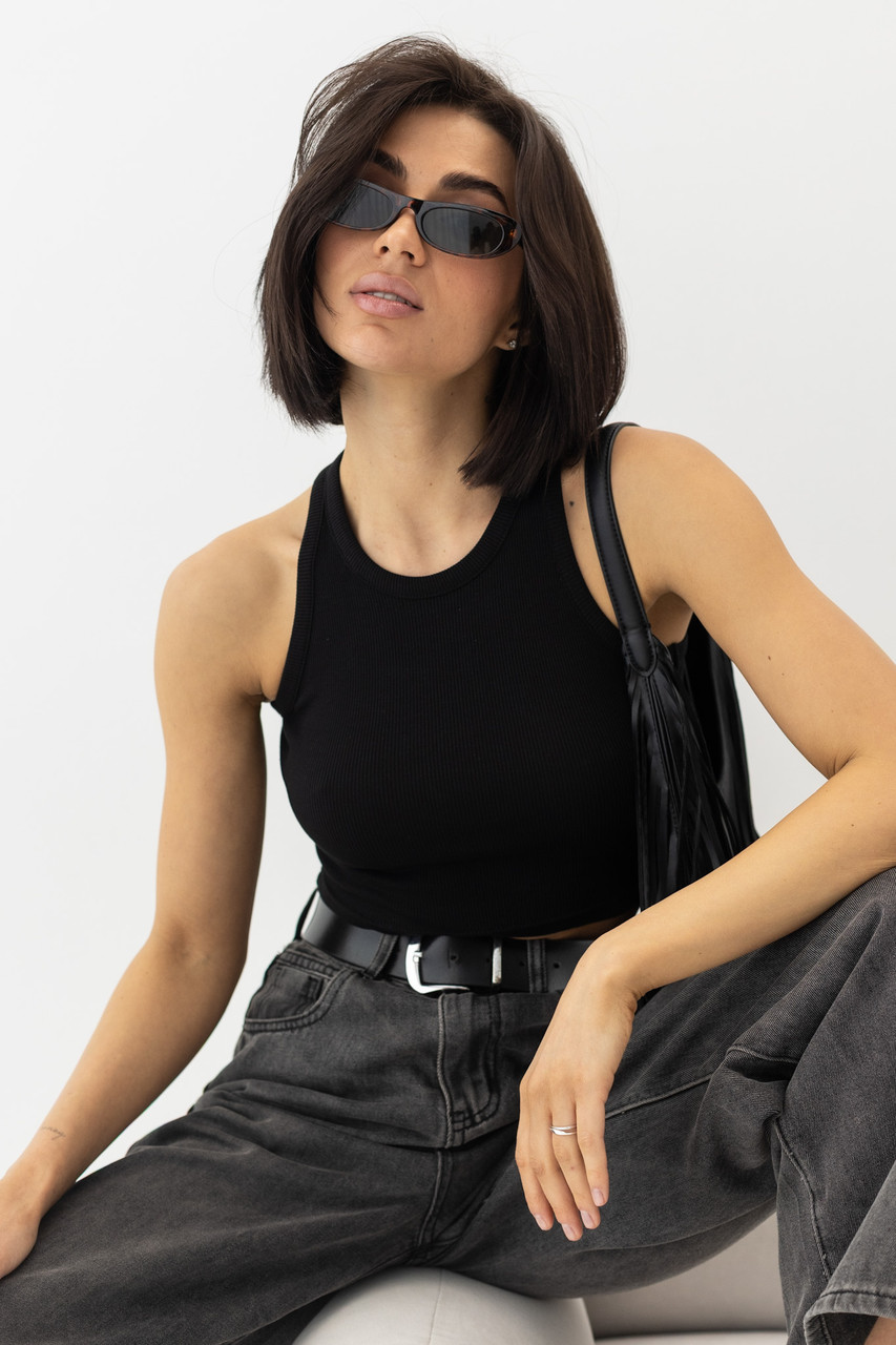 Жіноча майка-топ у рубчик з еластичного трикотажу — чорний колір, L (є розміри), фото 1