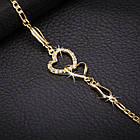 Браслет Ланцюжок, Латунь + Фіаніти, Прозорі, Серце, Застібка Карабін-лобстер, Позолота 18К, 25см, 1 шт, фото 3