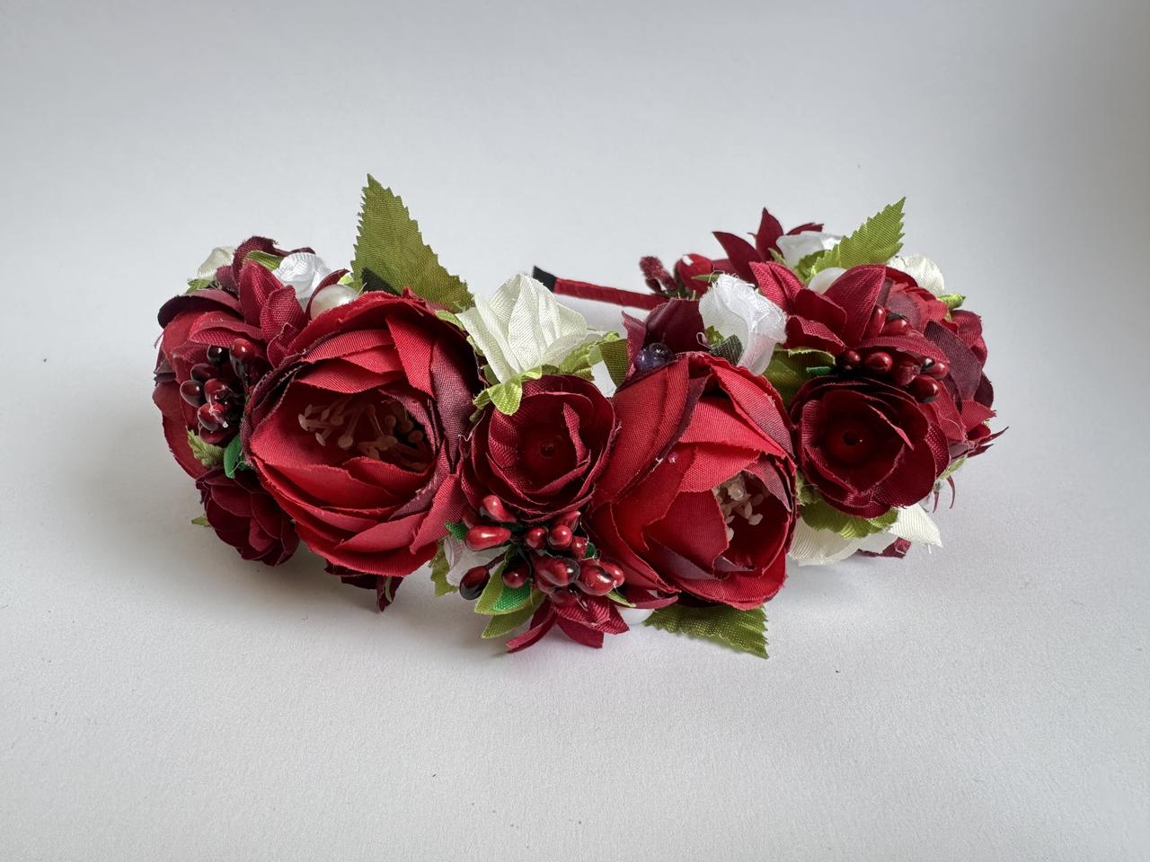 Віночок на голову з бордових квітів півонії, фото 1