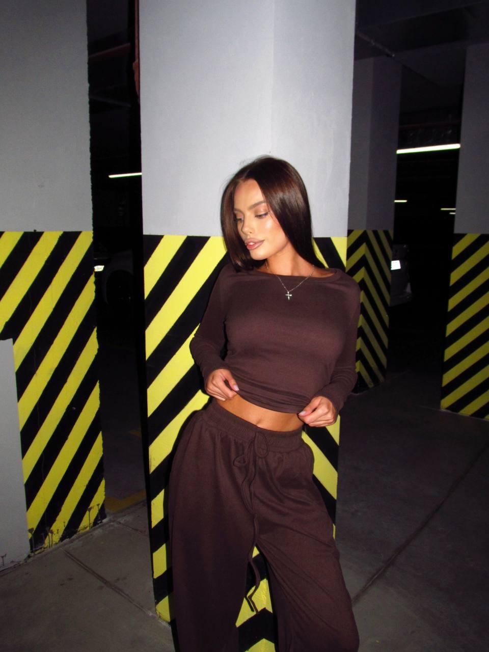 Коричневий жіночий базовий жіночий костюм-двійка з м'якого трикотажу Пума: Жіночий лонгслів та вільні Штани, фото 1