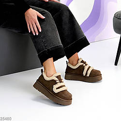 Трендові замшеві бежеві кросівки-уггі на липучці