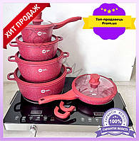 Набір каструль із гранітним покриттям Higher Kitchen 12 предметів антипригарні для готування алюмінієві червоні