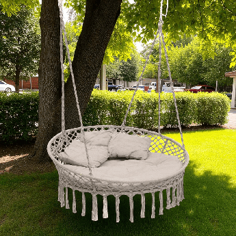 Велика кругла гойдалка підвісна 140 см із подушкою WCG Велике кругле плетене крісло із м’якою подушкою Сірий