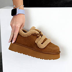 Трендові замшеві теплі кросівки-уггі на липучці колір Camel