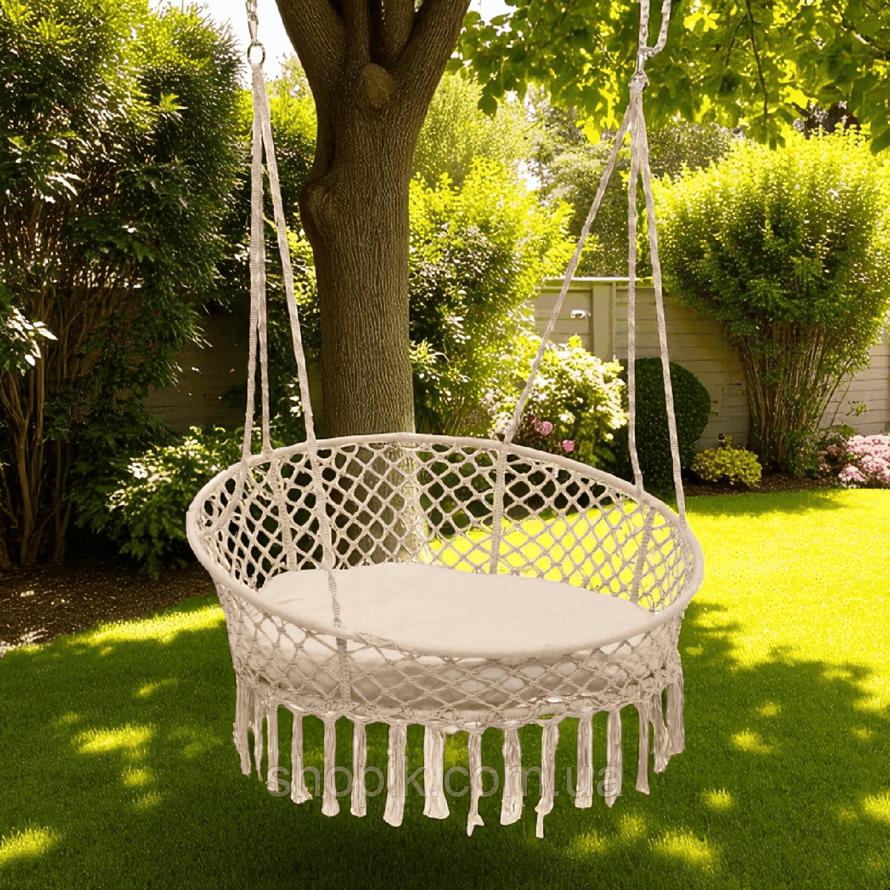 Велика кругла гойдалка підвісна 140 см із подушкою WCG Велике кругле плетене крісло + 4 подушки Білий, фото 1