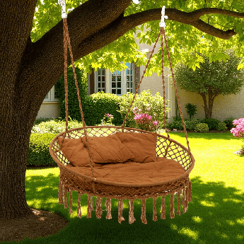 Велика кругла гойдалка підвісна 140 см із 4 подушками WCG Велике кругле плетене крісло + 4 подушки Коричневий