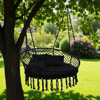 Велика кругла гойдалка підвісна 140 см WCG Велике кругле плетене крісло садове із 4 подушками Чорний