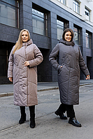 Жіноче стильне довге пальто кольору мокко М-1068 в розмірах 48-64