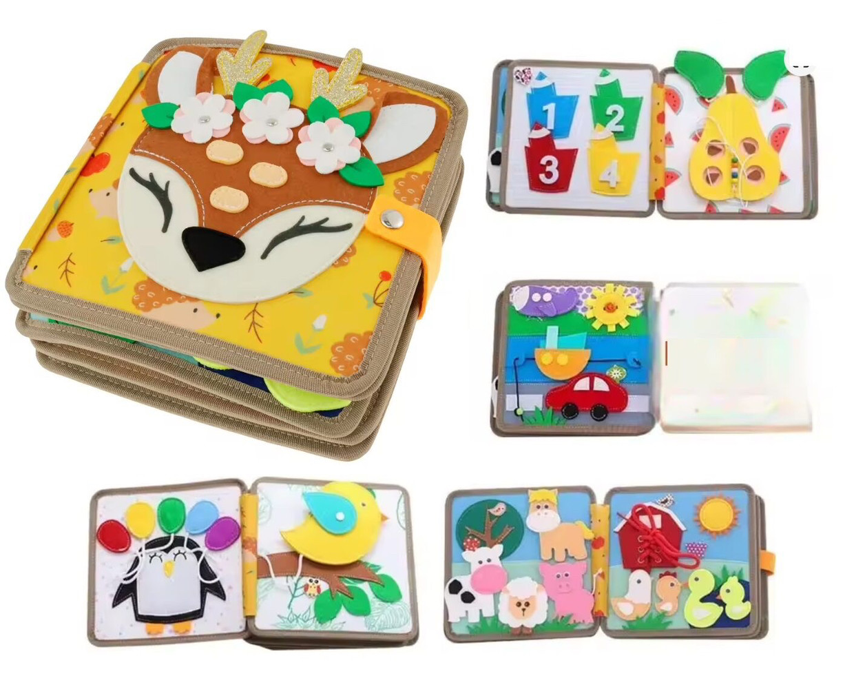 М'яка книжка-бізіборд C 69029 фетр, пальчикові ігри, шнурівка, сортер за кольорами, елементи на липучках, фото 1