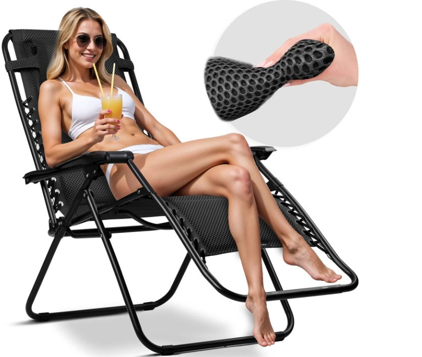 Садове пляжне крісло шезлонг розкладне ChillWell Soft з 3D-піни (до 120 кг) чорне