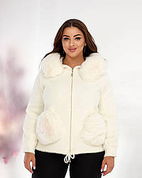 Тепла кофта з альпаки з хутряним капюшоном та кишенями