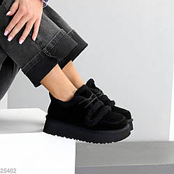 Трендові теплі чорні замшеві кросівки-уггі на липучці