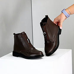Стильні шоколадні шкіряні черевики підіймання на гумці низький хід 38