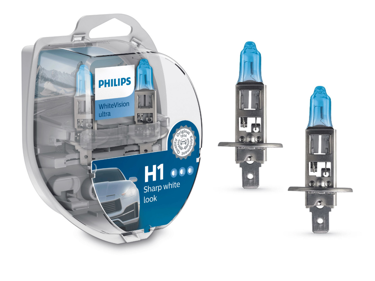 Комплект галогенових ламп PHILIPS 12258WVUSM H1 55W 12V P14,5s WhiteVisionULTRA +60% (3700K), фото 1