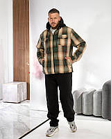 Чоловічий зимовий спортивний костюм утеплений куртка картата на блискавці капюшон фліс штани чорний 50-60