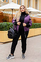 Жіночий спортивний костюм теплий оверсайз батал стьобаний з капюшоном демісезон фіолетовий 48-58