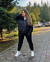 Жіночий спортивний костюм батал теплий із капюшоном стьобана куртка джоггери на манжетах чорний 48-58