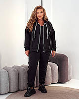 Жіночий батальний костюм теплий на флісі спортивне худі на блискавці з капюшоном лампаси осінь зима чорний 48-58