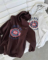 Женское худи оверсайз трикотаж на флисе демисезон теплое с принтом капюшон серый меланж 42-50