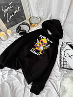 Женский свитшот худи утепленный на флисе демисезонный повседневный с рисунком черный 42-48