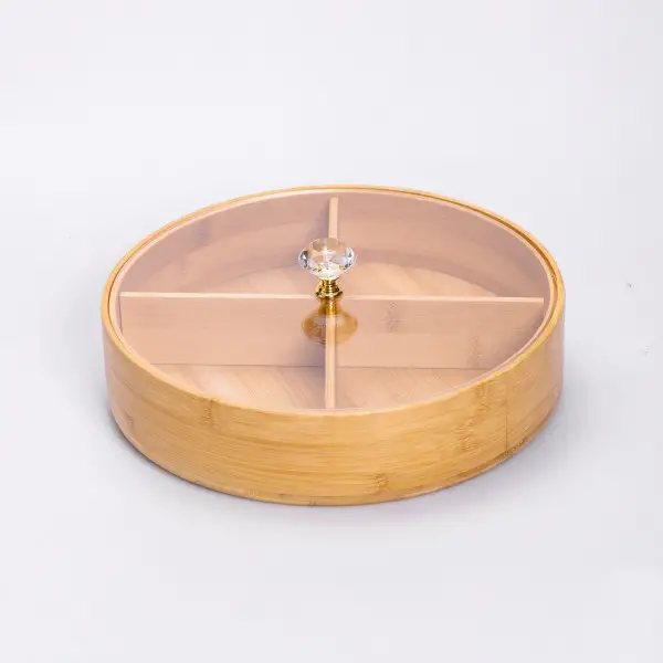 Менажниця бамбукова Yiwu HB-40-3 кругла з кришкою 25*25*8 см Бежевий, фото 1