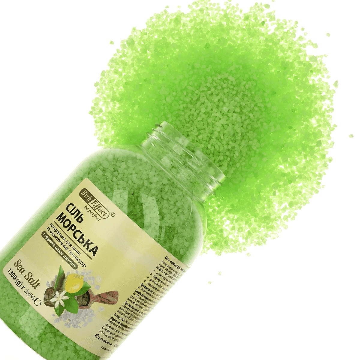 Натуральна морська сіль для ванн із лимоном Bisheffect, 1300 г — бадьорість, очищення та догляд за шкірою, фото 1