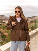 Куртка жіноча зимова коротка трансформер із капюшоном штучним хутром і знімними рукавами шоколадна,