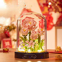 Конструктор нічник блочний дитячий з підсвіткою квітка в колбі Рожеві троянди квіти