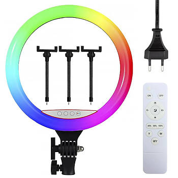 Кільцева лампа RGB 45 см, від мережі, пульт, MJ45 / Селфі-лампа з тримачем / Світлодіодна лампа для селфі